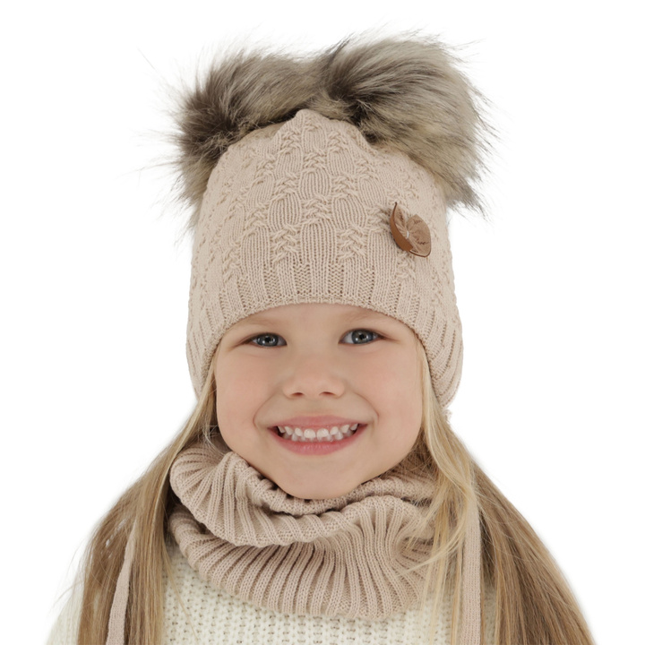 Flicka vinter set: mössa och tubhalsduk, beige, med två pompommar, knytband, Bettina