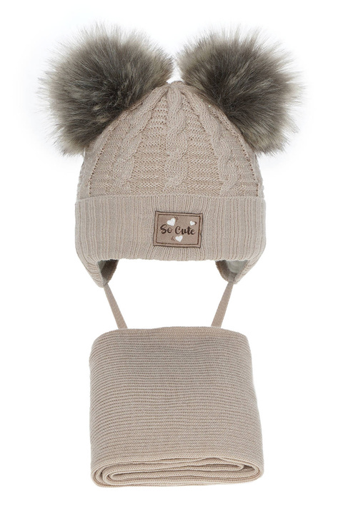 Flicka vinter set: mössa och halsduk, beige, med glittrande tråd, med två pompommar, Klarita
