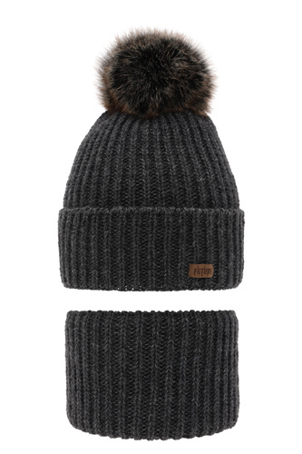 Pojke vinter set: mössa och halsduk, mörkgrå, med pompom, Wonder