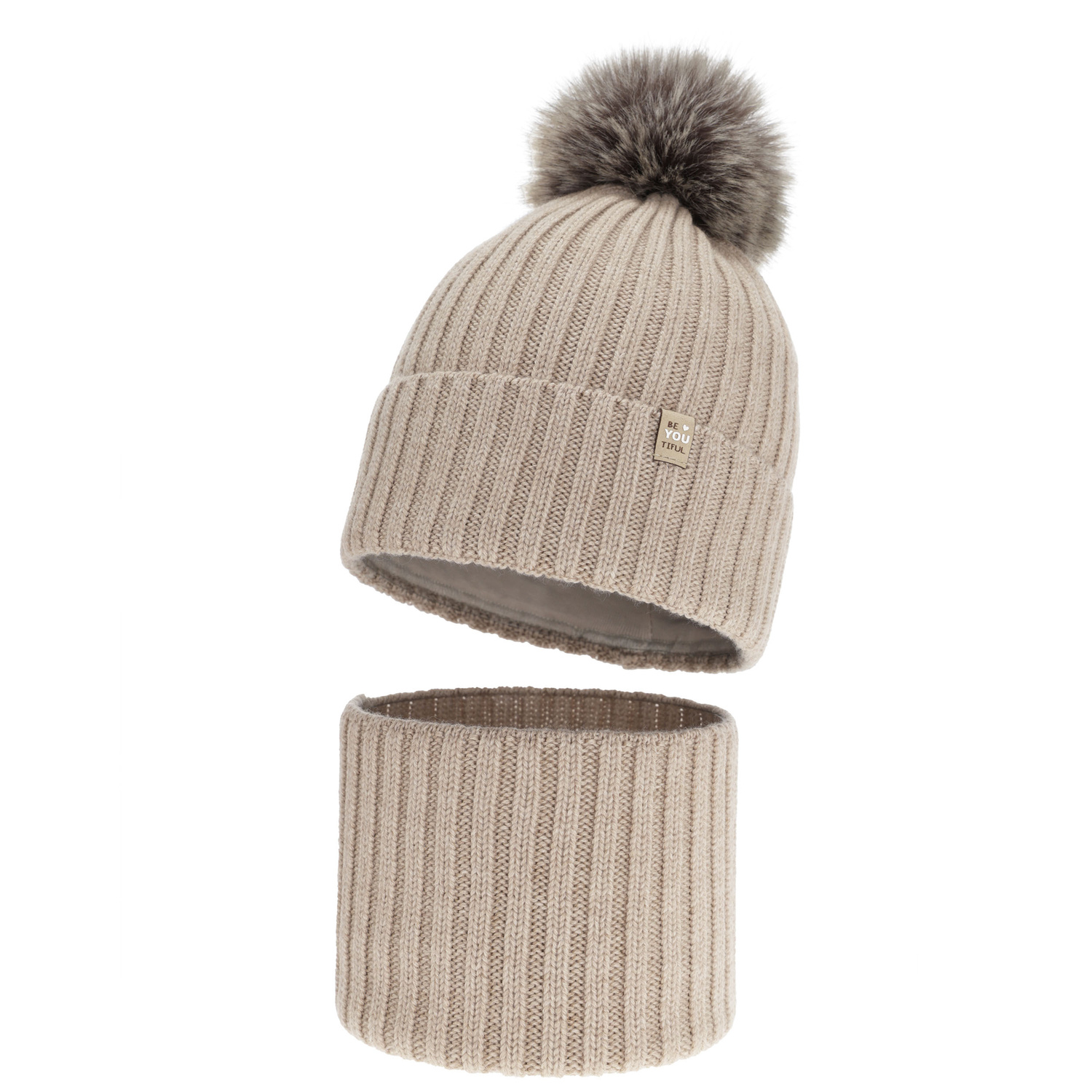 Flicka vinter set: mössa och tubhalsduk, beige, 100% Merino Ull, fodrad med bomull, med pompom, Terida