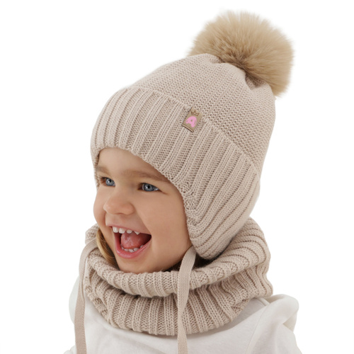 Flicka vinter set: mössa och halsduk, vit, med pompom, Kaya