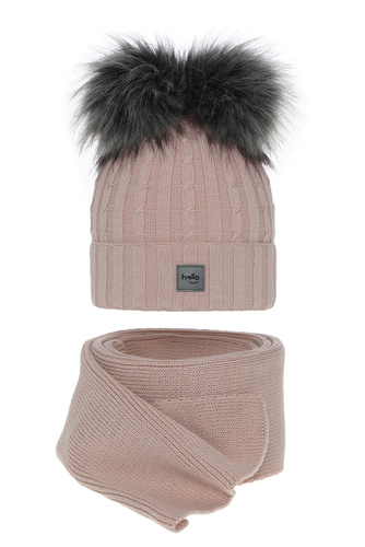 Flicka vinter set: mössa och halsduk, rosa, med två pompommar, Zenda