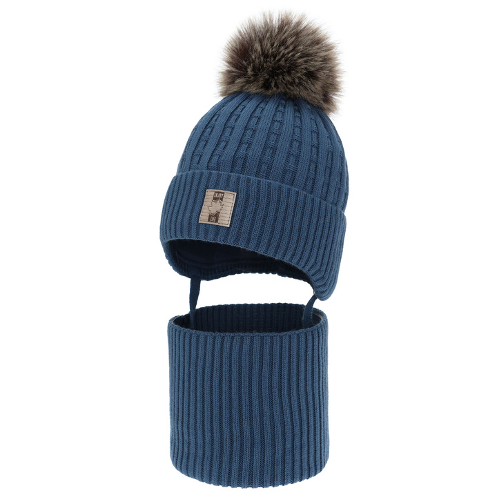 Pojke vinter set: mössa och halsduk, blå, med pompom, Fiamanto