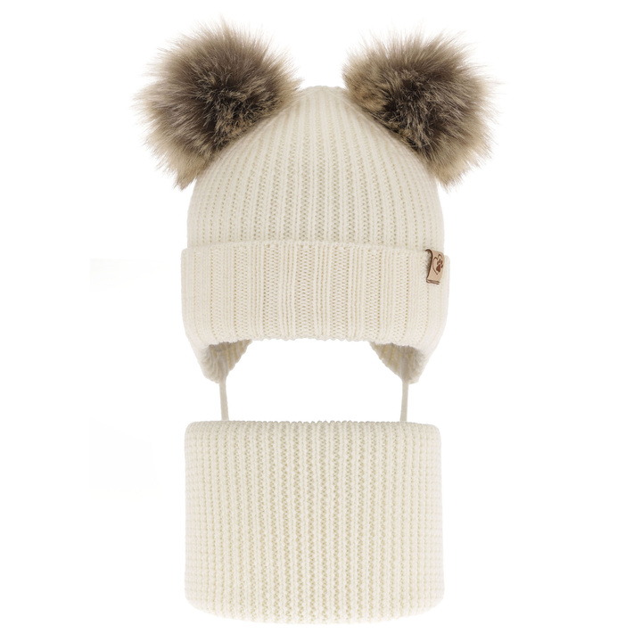 Flicka vinter set: mössa och halsduk, kremowy, med två pompommar, wiązany, 100% Merino Ull, Silvia