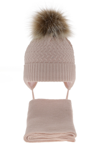Flicka vinter set: mössa och halsduk, ljusrosa, med pompom, med knytband, Zelta