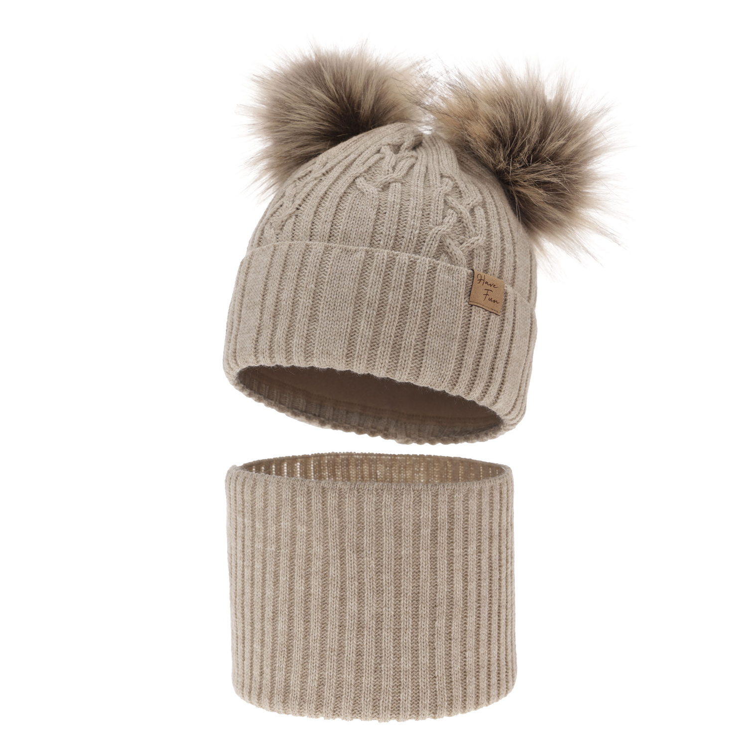 Flicka vinter set: mössa och tubhalsduk, beige, med två pompommar, Sierra