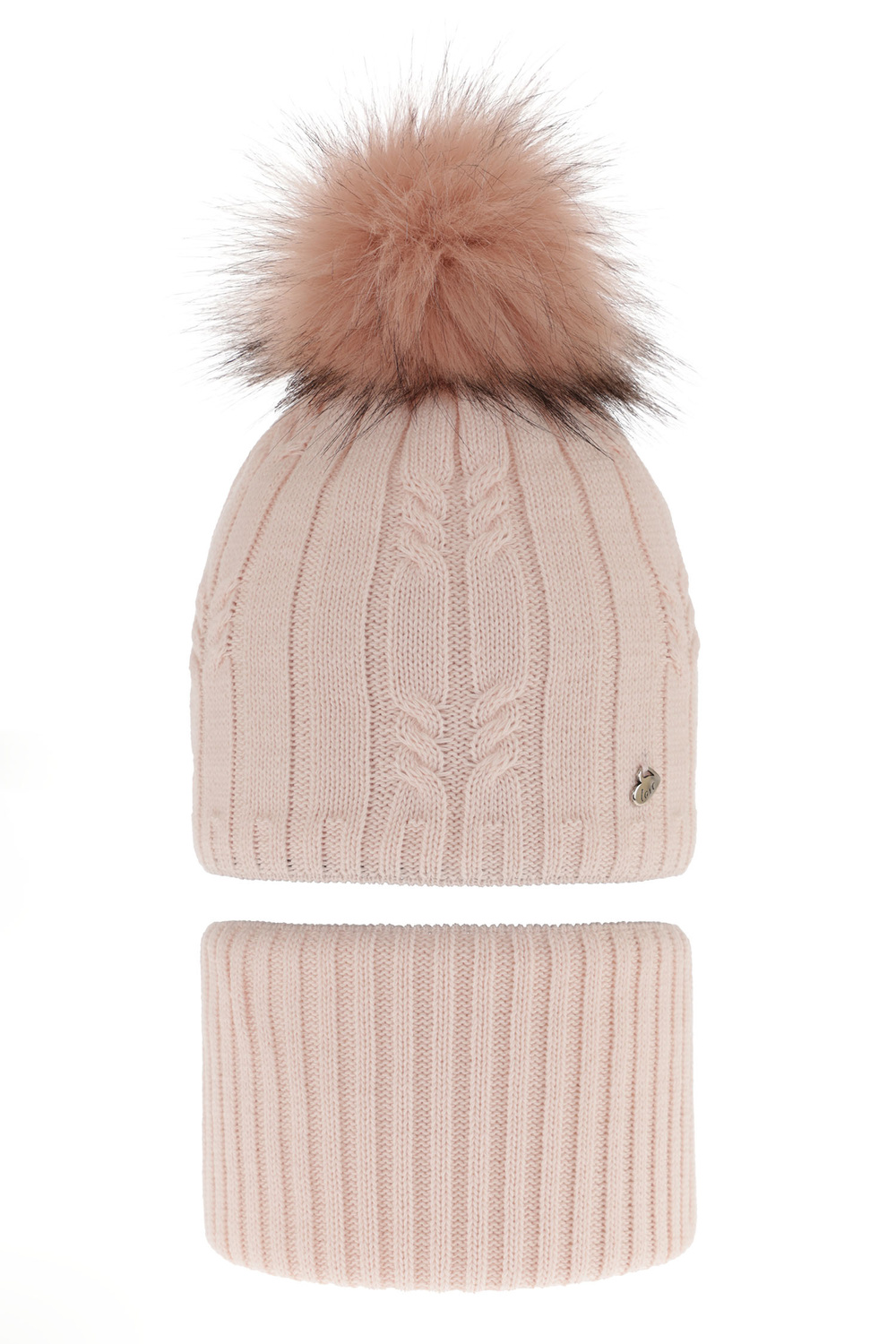 Flicka vinter set: mössa och halsduk, rosa, med pompom, Amaltea