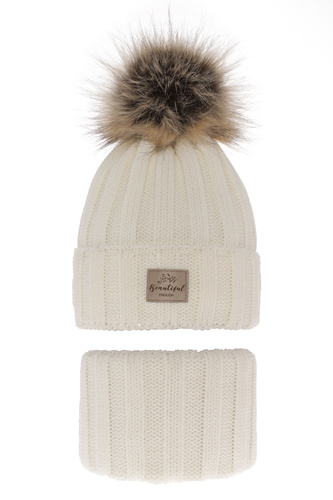 Flicka vinter set: mössa och halsduk, kremowy, med pompom, Kaliope