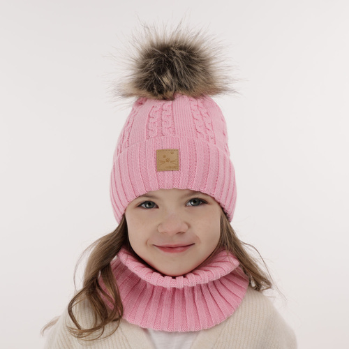 Flicka vinter set: mössa och halsduk, rosa, med pompom, Alexia