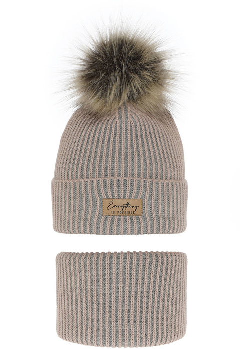 Flicka vinter set: mössa och tubhalsduk, rosa, med pompom, Floryda