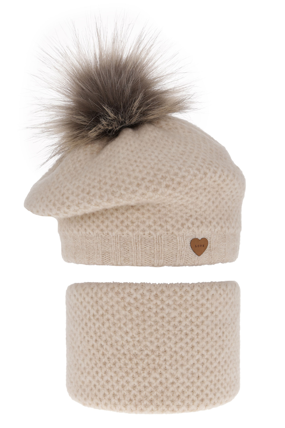 Flicka vinter set: mössa och halsduk, ljusbeige, med pompom, Francesca