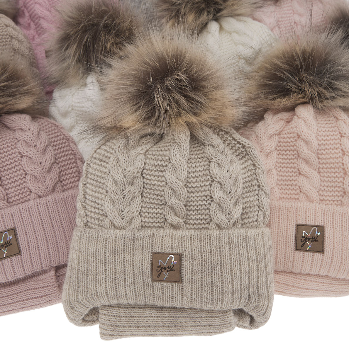 Flicka vinter set: mössa och halsduk, beige, med pompom, Finess