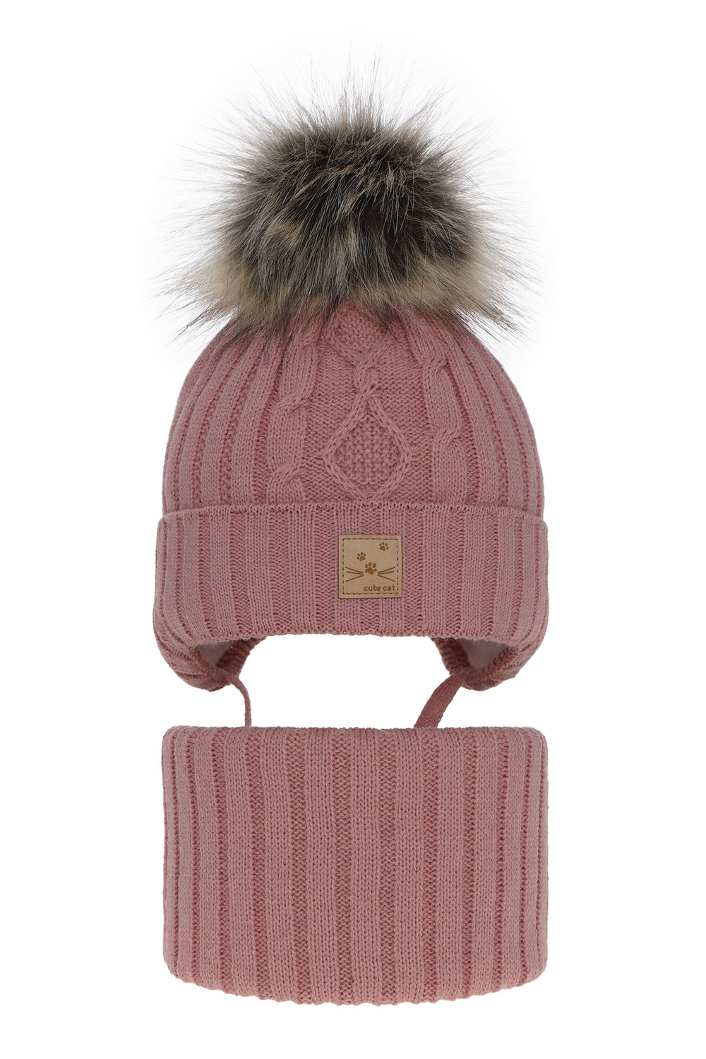 Flicka vinter set: mössa och halsduk, rosa, med pompom, Aida