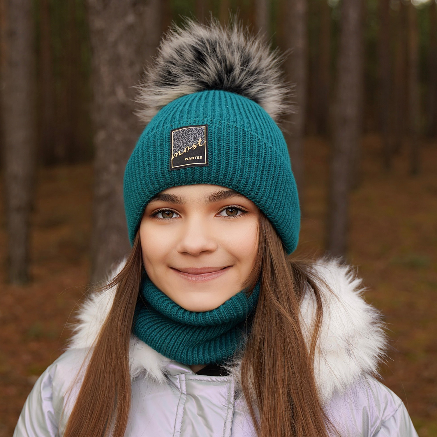 Flicka vinter set: mössa och tubhalsduk, grå, med pompom, Sycylia