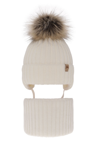 Flicka vinter set: mössa och halsduk, kremowy, med pompom, Louisa