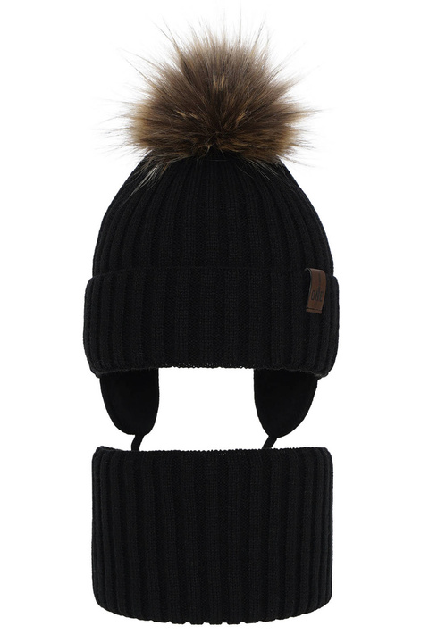 Pojke vinter set: mössa och tubhalsduk, svart, med pompom, med knytband, Puzel