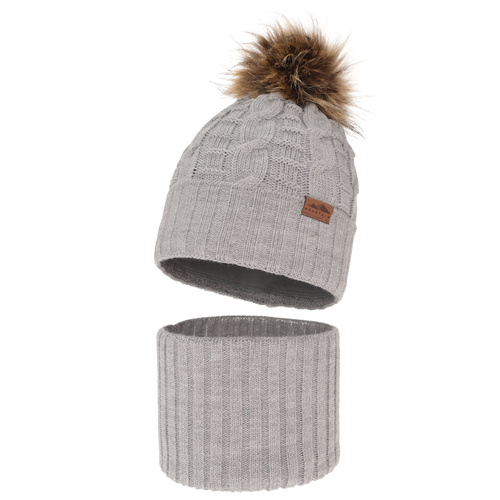 Pojke vinter set: mössa och tubhalsduk, ljusgrå, med pompom, Cent