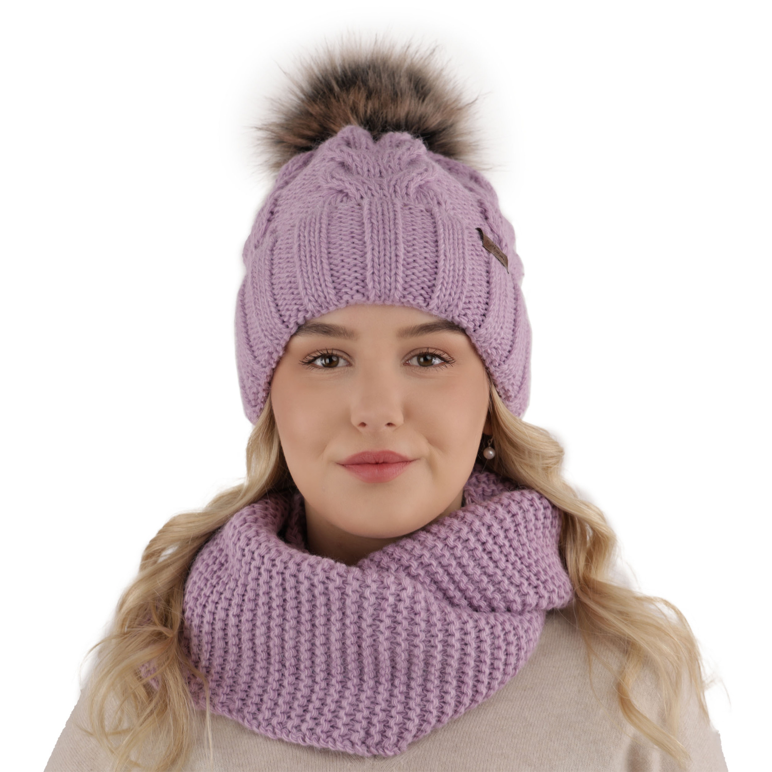 Flicka vinter set: mössa och tubhalsduk, grå, med pompom, Torina