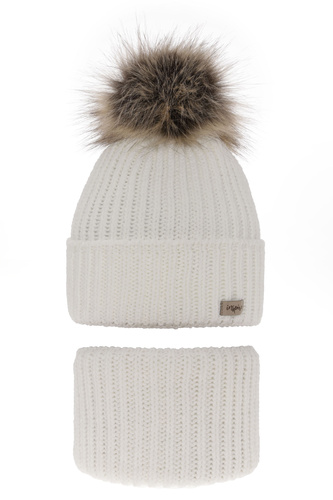 Flicka vinter set: mössa och tubhalsduk, vit, med pompom, Willow