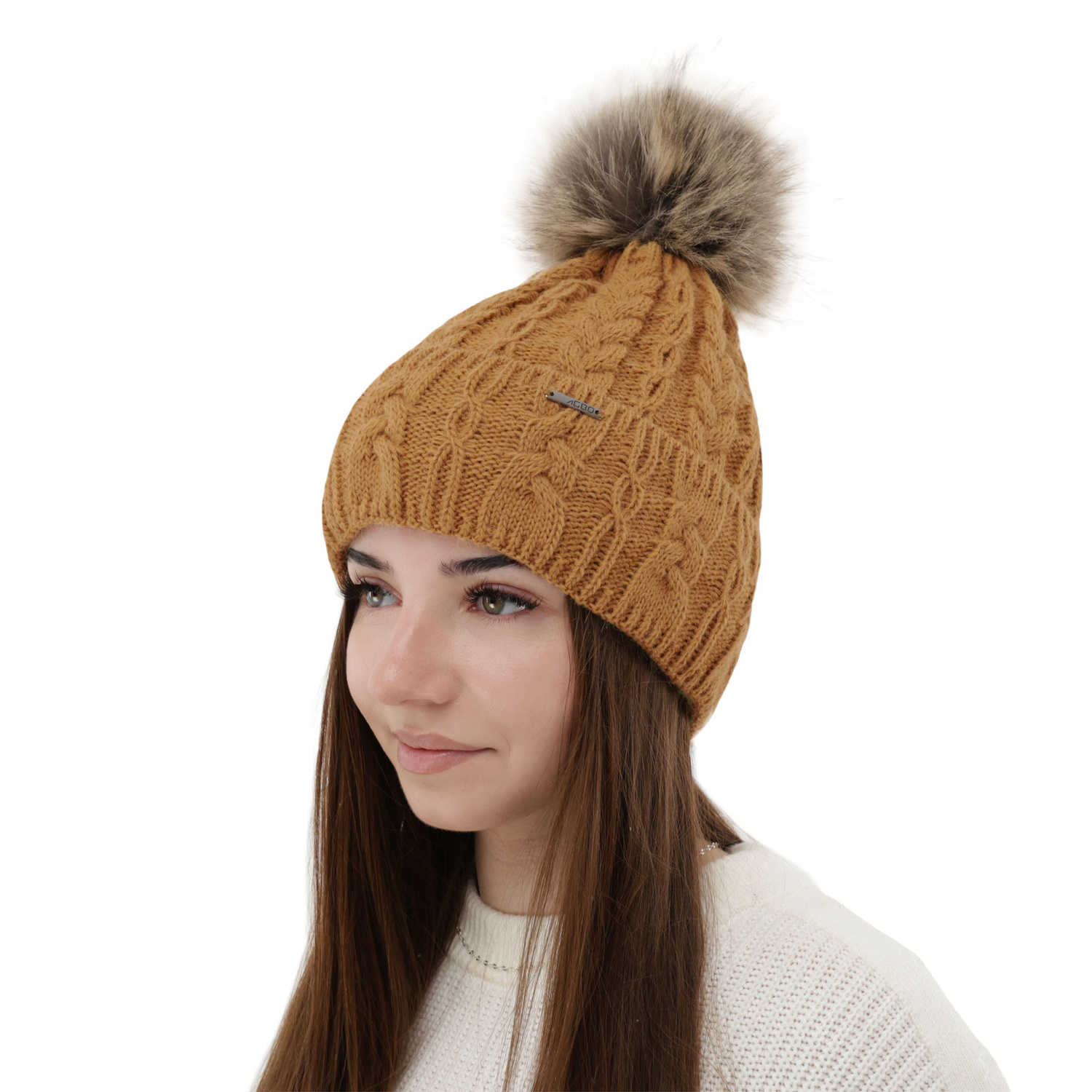 Dam vintermössa, camel, med pompom, Omega