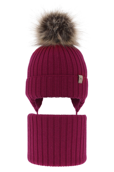 Flicka vinter set: mössa och tubhalsduk, fuchsia, med knytband, 100% Merino Ull, Junika