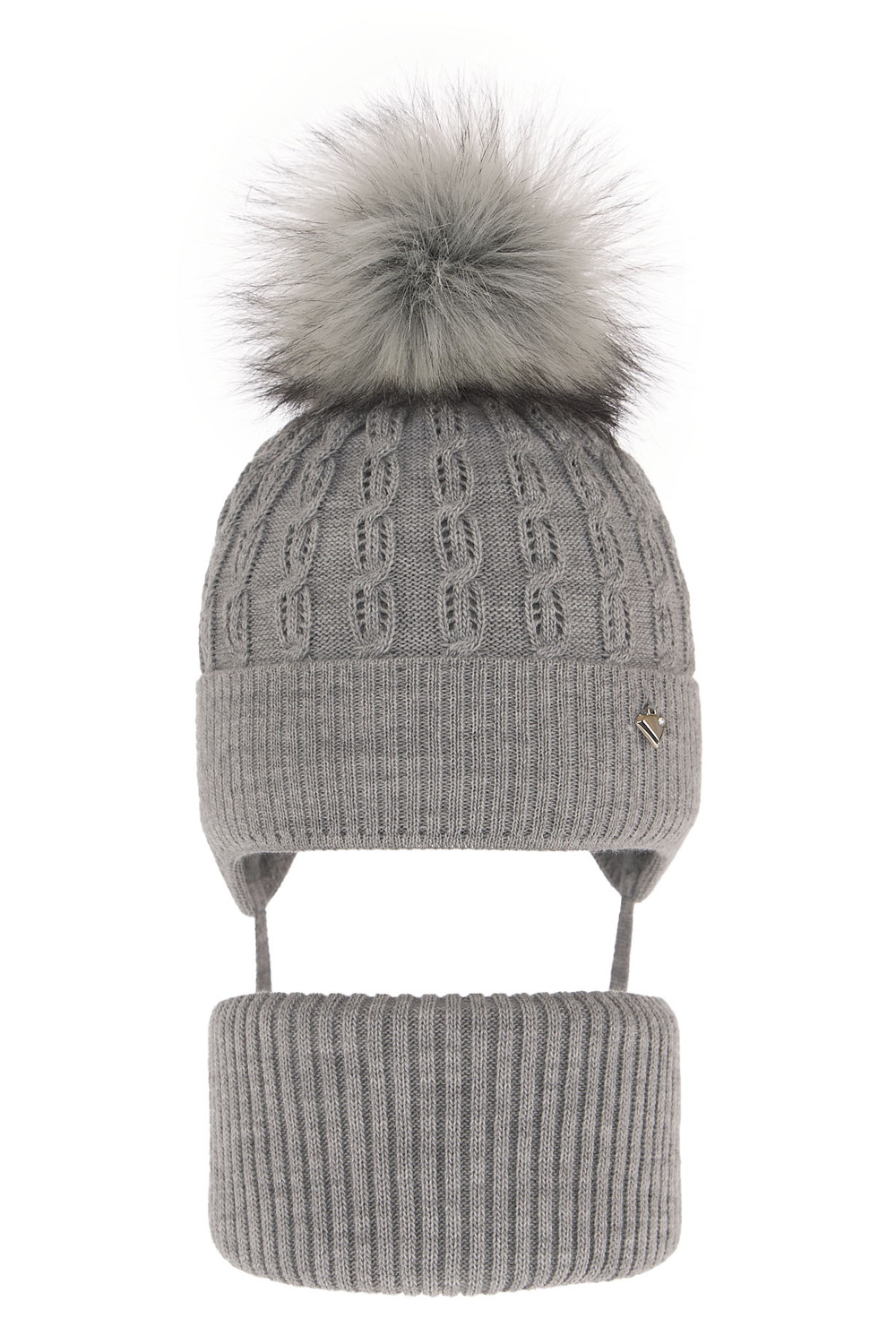 Flicka vinter set: mössa och tubhalsduk, grå, med pompom, Tukana