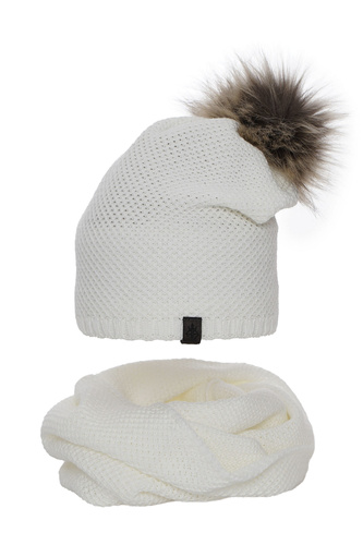 Dam vinter set: mössa och halsduk, vit, med pompom, Kaliana