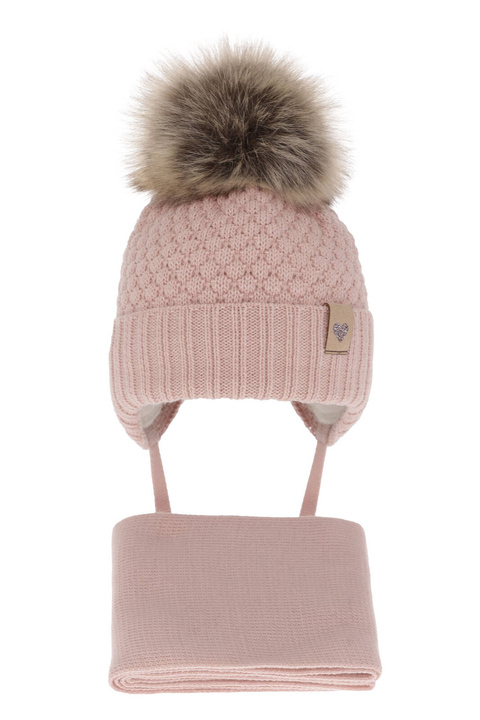 Flicka vinter set: mössa och halsduk, rosa, med knytband, med pompom, Bianca