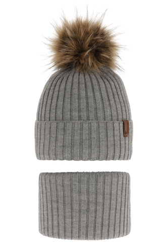 Pojke vinter set: mössa och halsduk, ljusgrå, med pompom, Onyks