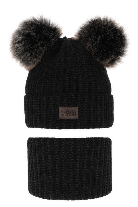 Pojke vinter set: mössa och tubhalsduk, svart, med två pompommar, Tokio