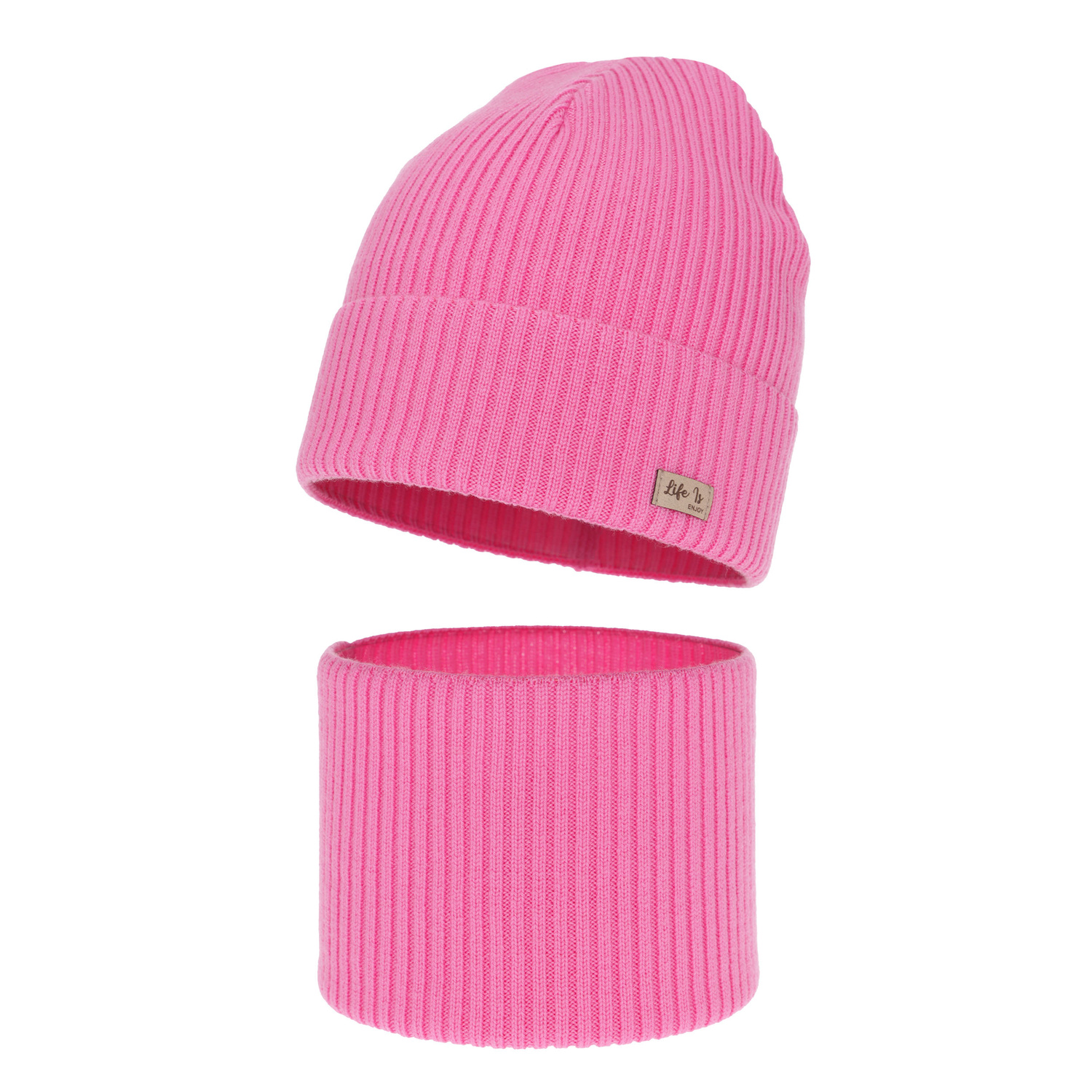 Flicka höst/vår set: mössa och tubhalsduk, rosa, 100% Merino Ull, Itra