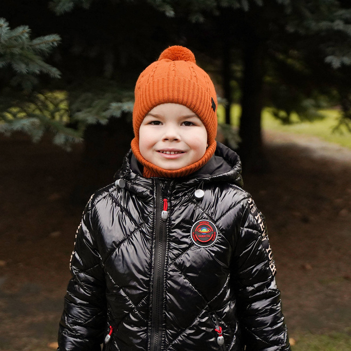 Pojke vinter set: mössa och halsduk, orange, med pompom, Deny
