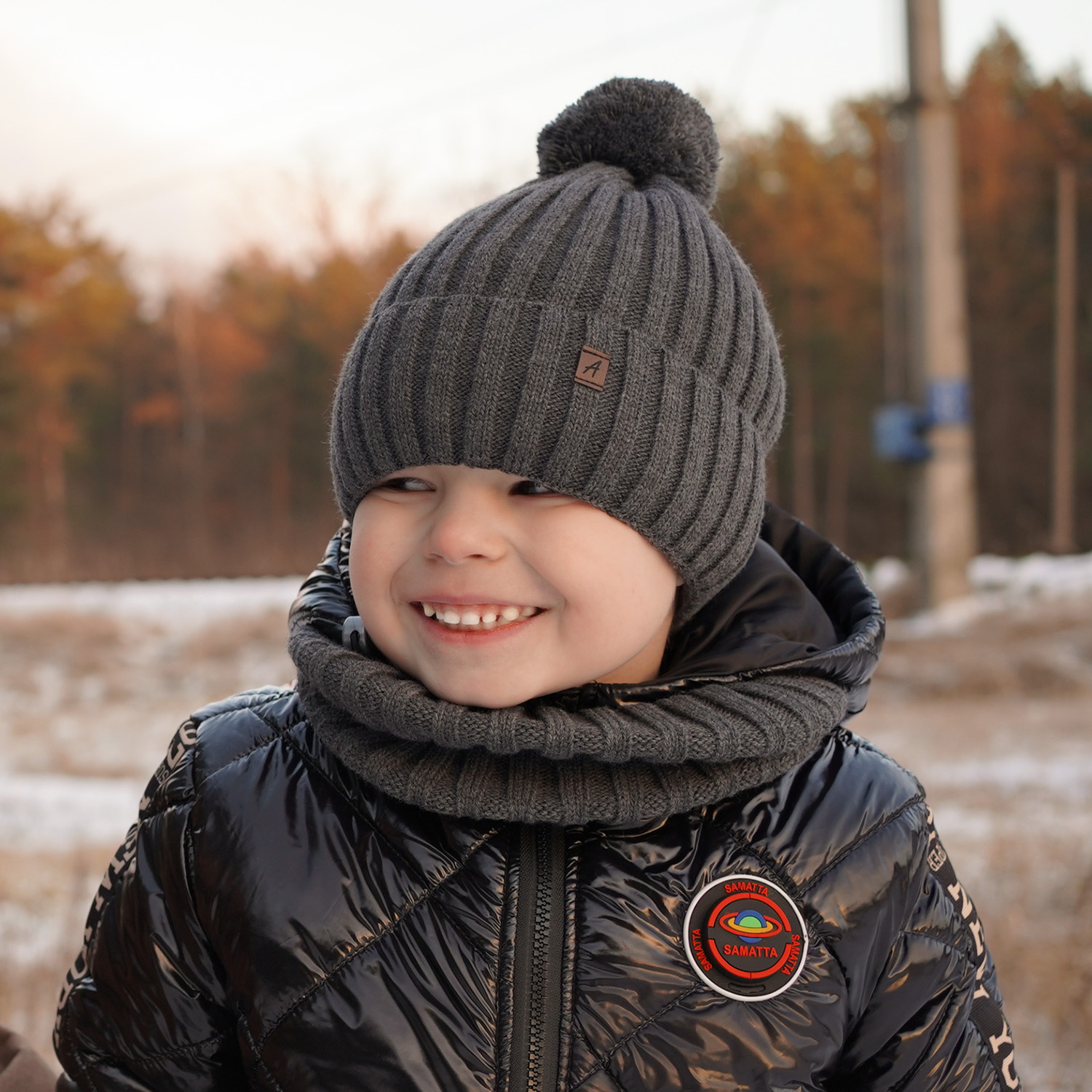 Pojke vinter set: mössa och tubhalsduk, grå, med pompom, Wiliam