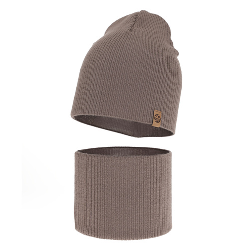 Pojke höst/vår set: mössa och halsduk, mörkbeige, 100% Merino Ull, Richi