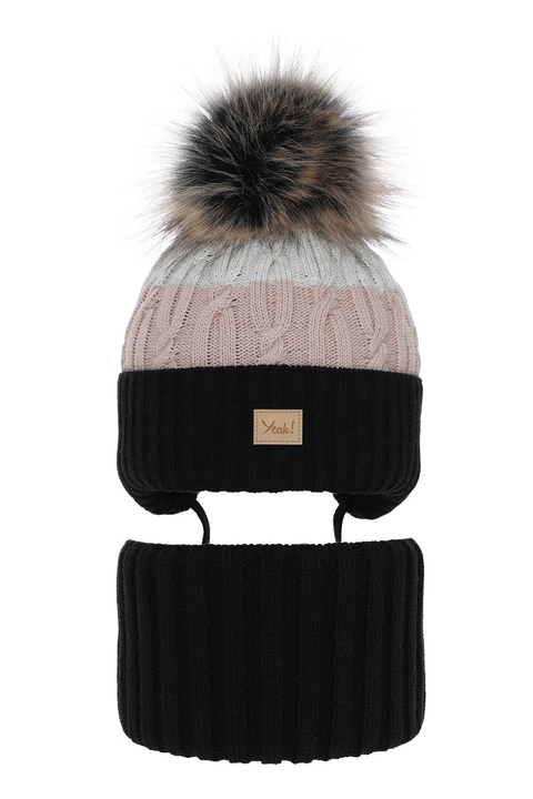 Flicka vinter set: mössa och tubhalsduk, svart, med pompom, Riviera