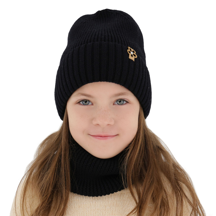 Flicka vinter set: mössa och tubhalsduk, svart, 100% Merino Ull, Nelita
