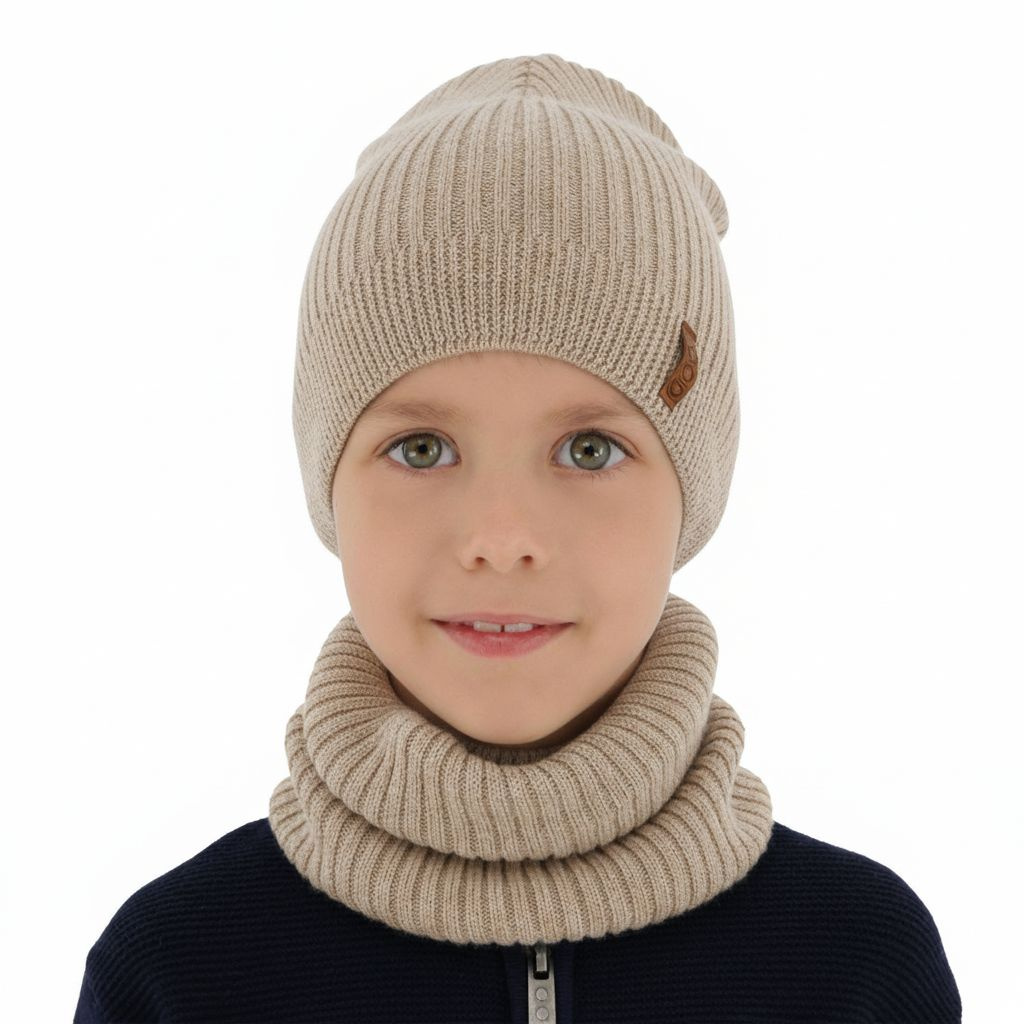 Pojke höst/vår set: mössa och tubhalsduk, beige, 100% Merino Ull, Chester