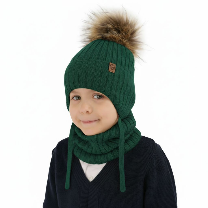 Pojke vinter set: mössa och halsduk, grön, med knytband, 100% Merino Ull, Juno