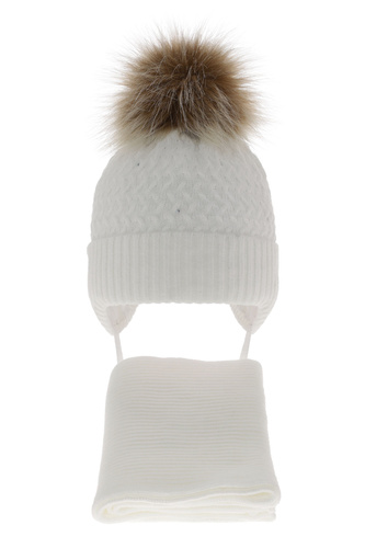 Flicka vinter set: mössa och halsduk, vit, med pompom, med knytband, Zelta