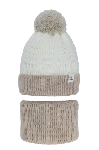 Flicka vinter set: mössa och tubhalsduk, beige, med pompom, Rosalin