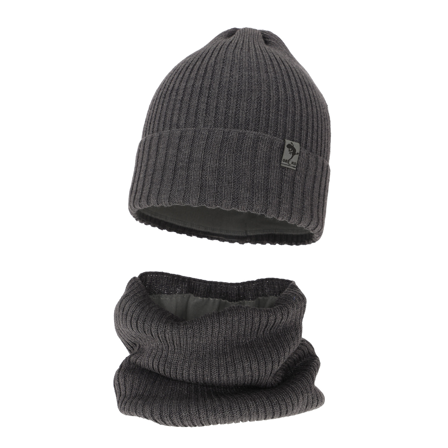 Pojke vinter set: mössa och tubhalsduk, grå, med merinull, fodrad med fleece, Gecko