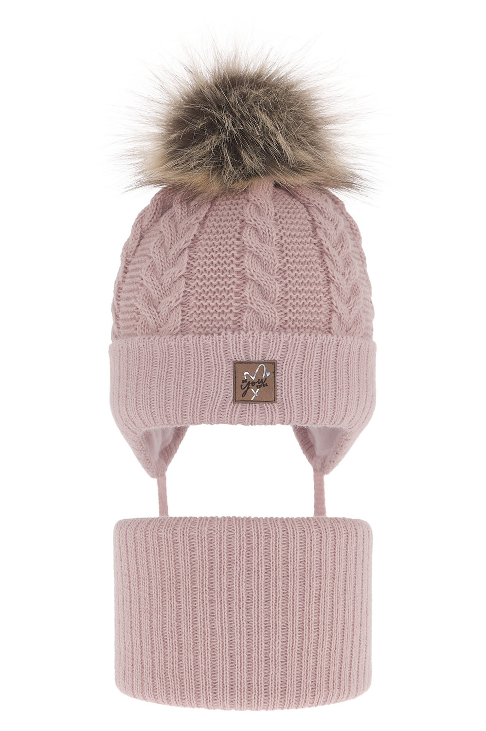 Flicka vinter set: mössa och tubhalsduk, rosa, med knytband, med pompom, Finess