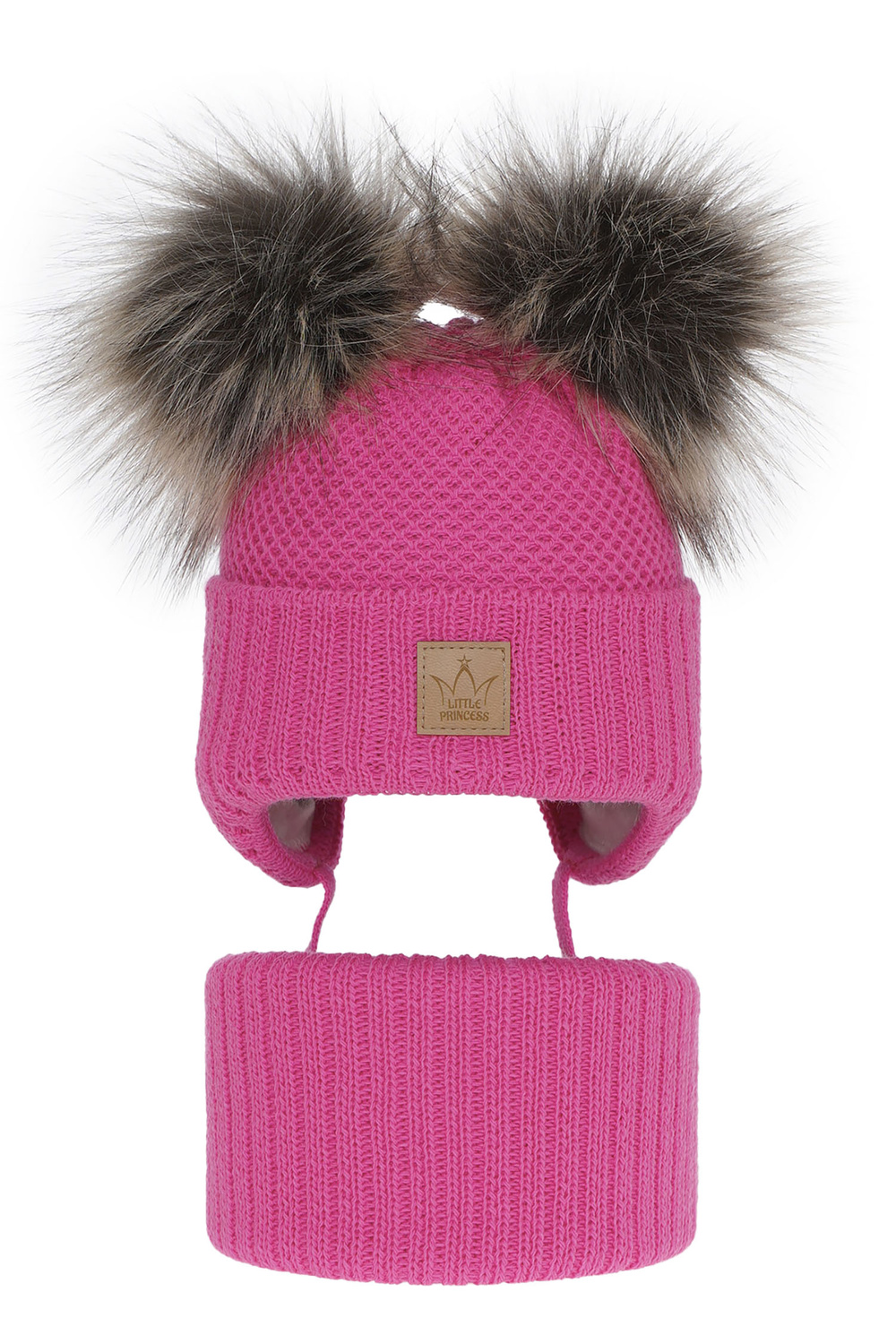 Flicka vinter set: mössa och tubhalsduk, rosa, med två pompommar, med knytband, Minsi