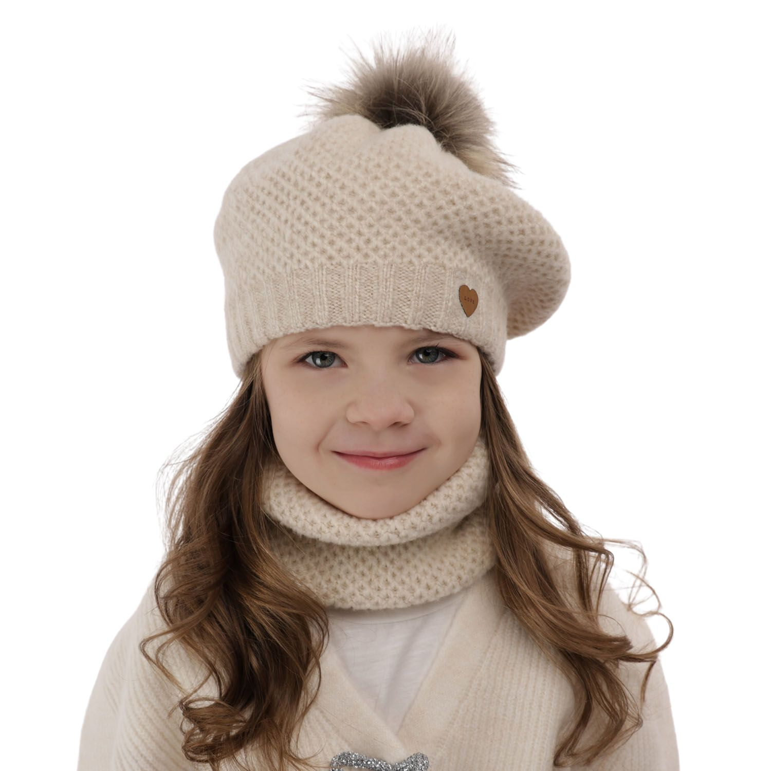 Flicka vinter set: mössa och halsduk, ljusbeige, med pompom, Francesca