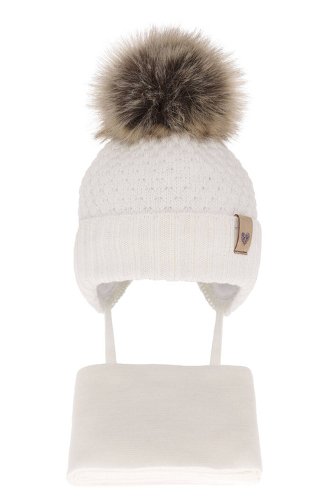 Flicka vinter set: mössa och halsduk, vit, med knytband, med pompom, Bianca