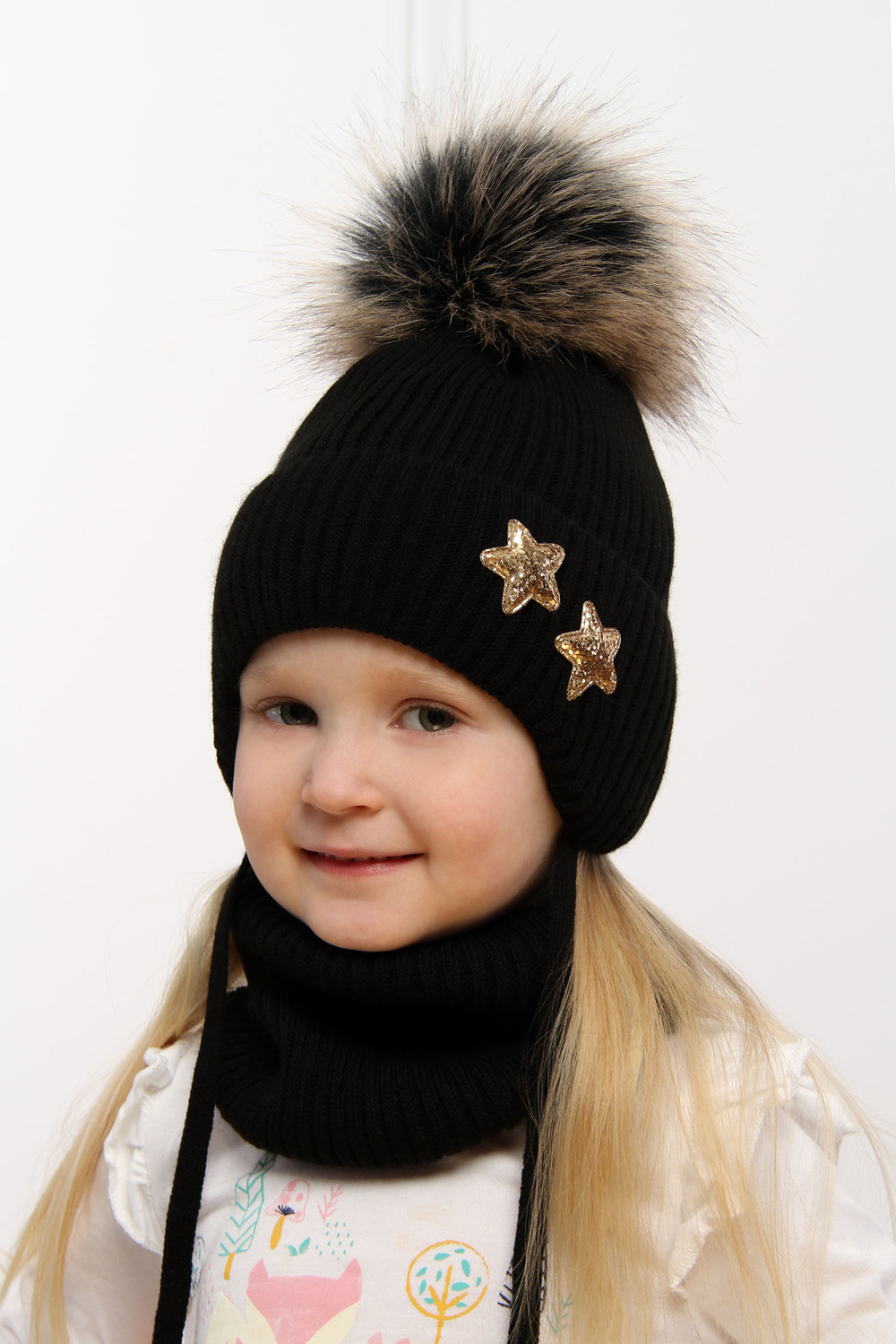 Flicka vinter set: mössa och tubhalsduk, svart, med knytband, med pompom, Delicja