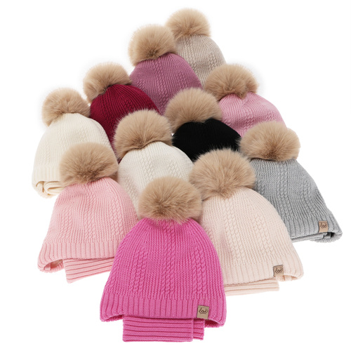 Flicka vinter set (mössa och tubhalsduk), grå, 100% Merino Ull, fodrad med ullpolar, med knytband Danielle