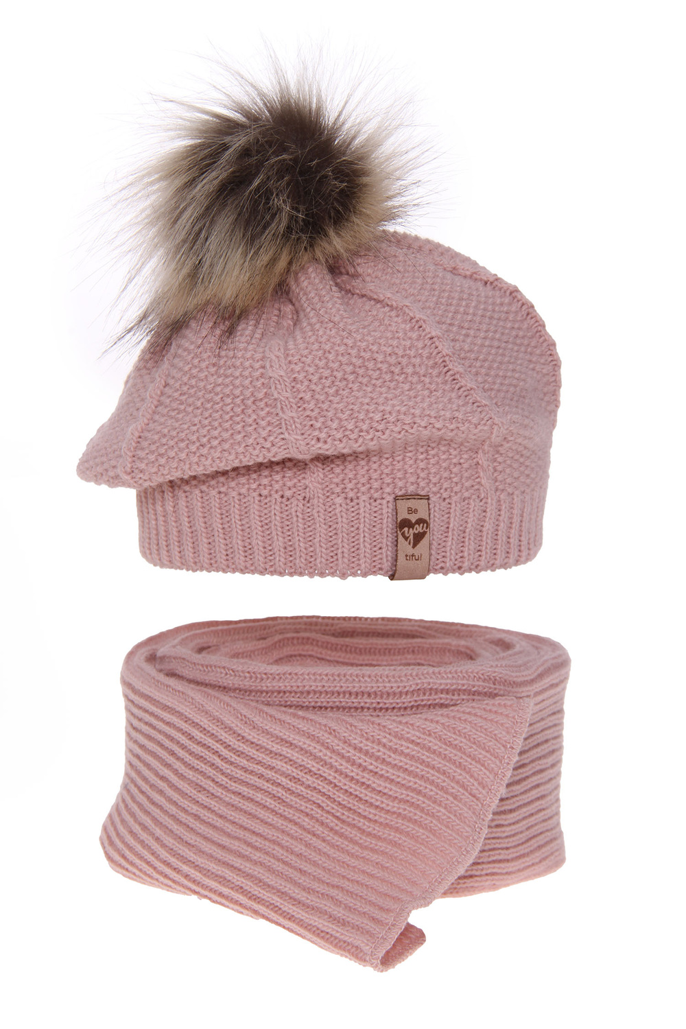 Flicka vinter set: beret och halsduk, rosa, med pompom, Elif