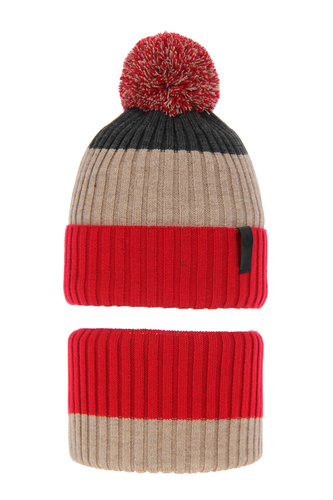 Pojke vinter set: mössa och halsduk, röd, med pompom, Karson