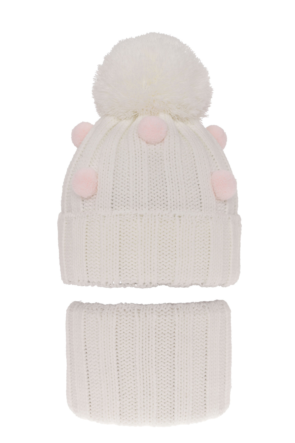 Flicka vinter set: mössa och tubhalsduk, vit, med pompom, Hekate